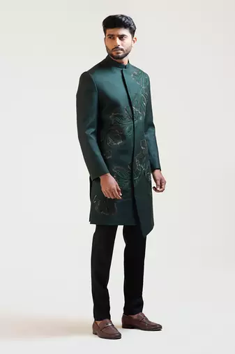 Green A-symmetric Flowy Lineart Embroidered Achkan