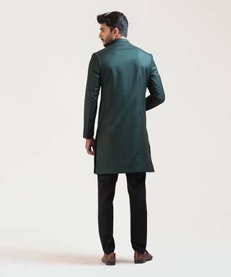 Green A-symmetric Flowy Lineart Embroidered Achkan 3