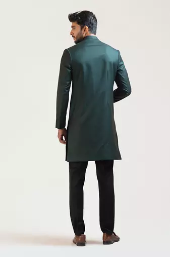 Green A-symmetric Flowy Lineart Embroidered Achkan