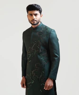 Green A-symmetric Flowy Lineart Embroidered Achkan 4