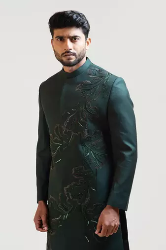 Green A-symmetric Flowy Lineart Embroidered Achkan