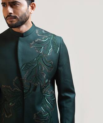 Green A-symmetric Flowy Lineart Embroidered Achkan 5