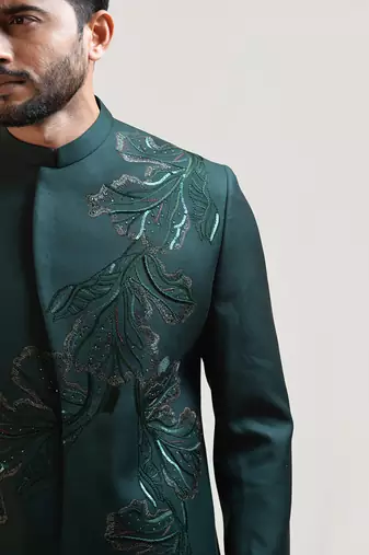Green A-symmetric Flowy Lineart Embroidered Achkan