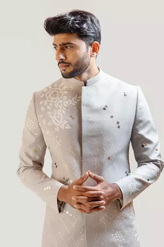 Grey Applique work Prince coat