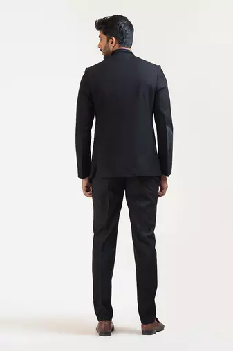 Black Pintucks Embroidered Princecoat With Velvet Detailing