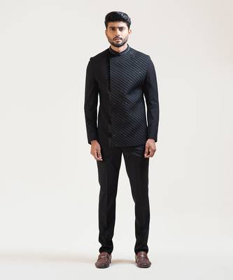 Black Pintucks Embroidered Princecoat With Velvet Detailing 1