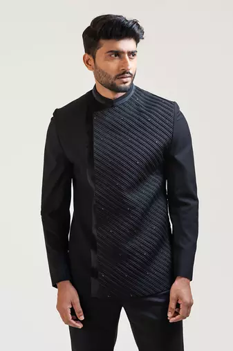 Black Pintucks Embroidered Princecoat With Velvet Detailing