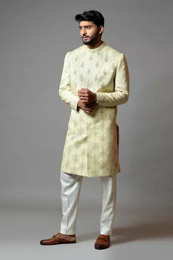 Self Textured Embroidered Sherwani