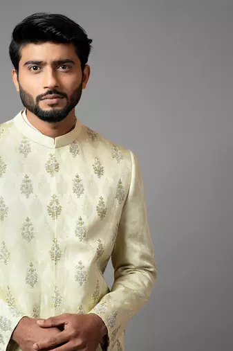 Self Textured Embroidered Sherwani