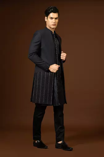 Blue Black Achkan Set