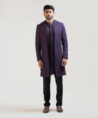 Purple Leaf Embroidered Open Achkan 1
