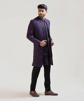 Purple Leaf Embroidered Open Achkan 2