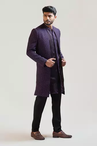 Purple Leaf Embroidered Open Achkan