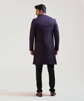 Purple Leaf Embroidered Open Achkan 3