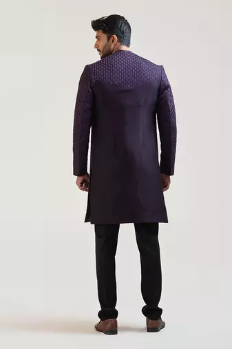 Purple Leaf Embroidered Open Achkan