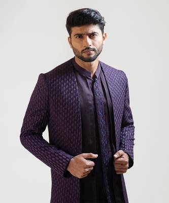 Purple Leaf Embroidered Open Achkan 4