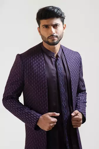 Purple Leaf Embroidered Open Achkan