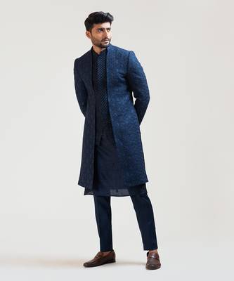 NavyBlue Leaf Kora Embroidered double Panel Achkan 1