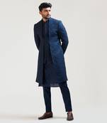 NavyBlue Leaf Kora Embroidered double Panel Achkan