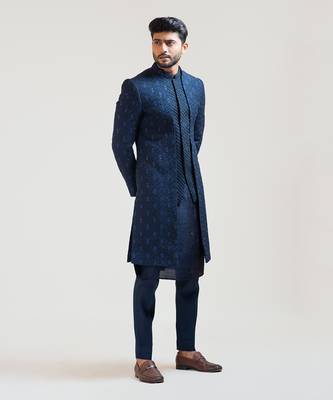 NavyBlue Leaf Kora Embroidered double Panel Achkan 2