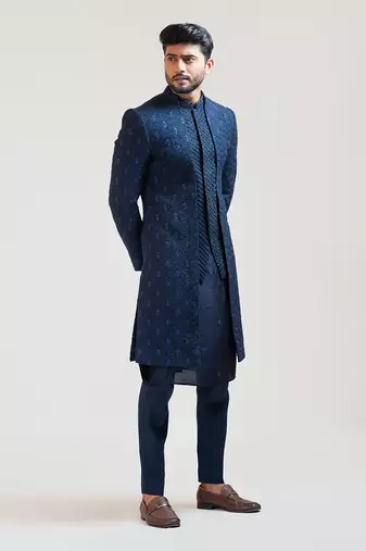 NavyBlue Leaf Kora Embroidered double Panel Achkan