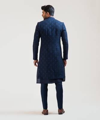 NavyBlue Leaf Kora Embroidered double Panel Achkan 3