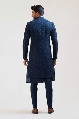 NavyBlue Leaf Kora Embroidered double Panel Achkan