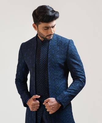 NavyBlue Leaf Kora Embroidered double Panel Achkan 4