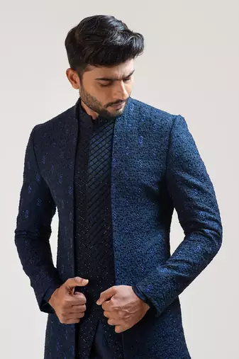 NavyBlue Leaf Kora Embroidered double Panel Achkan