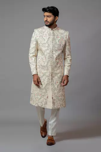 Multicolour Jaal Work Sherwani With Pant Pajama