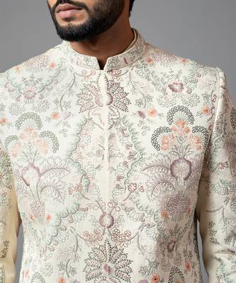Multicolour Jaal Work Sherwani With Pant Pajama 4