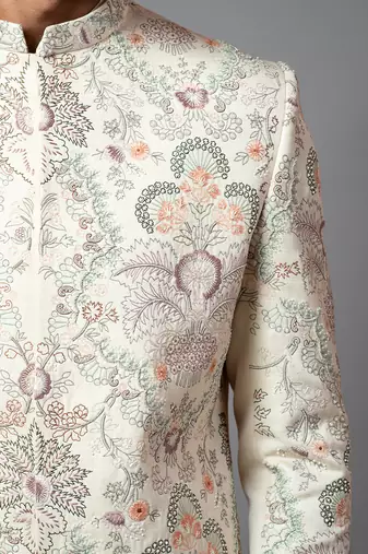 Multicolour Jaal Work Sherwani With Pant Pajama