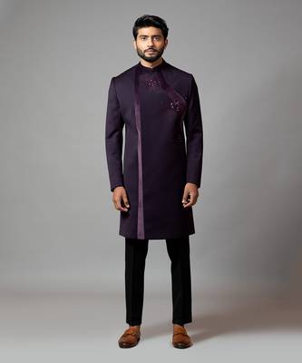 Achkan With Velvet Detailing And Rose Embroidery 1