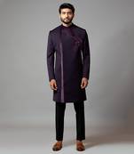 Achkan With Velvet Detailing And Rose Embroidery