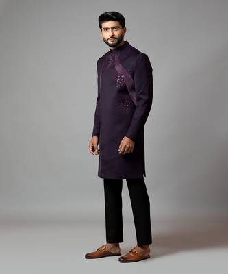 Achkan With Velvet Detailing And Rose Embroidery 2