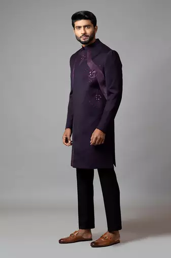 Achkan With Velvet Detailing And Rose Embroidery