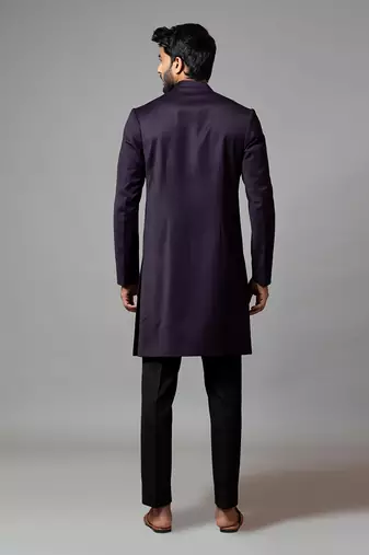 Achkan With Velvet Detailing And Rose Embroidery