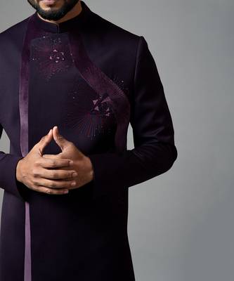 Achkan With Velvet Detailing And Rose Embroidery 4
