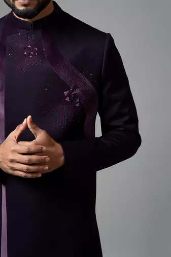 Achkan With Velvet Detailing And Rose Embroidery