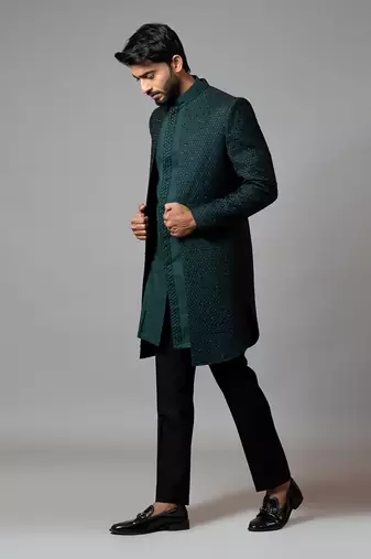 Straight Cut Fully Embroidered Achkan With Kurta And Trousers