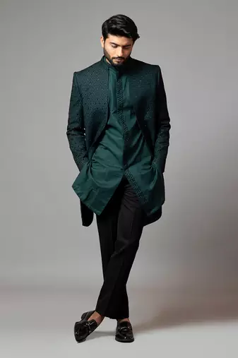 Straight Cut Fully Embroidered Achkan With Kurta And Trousers