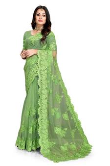 Green Embroidered Net Saree With Blouse