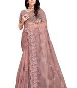 Peach Embroidered Net Saree With Blouse
