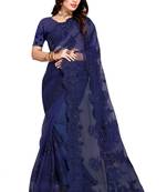 Navy Blue Embroidered Net Saree With Blouse