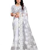 White Embroidered Net Saree With Blouse