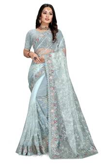 Sky Blue Embroidered Net Saree With Blouse