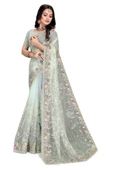 Light Green Embroidered Net Saree With Blouse