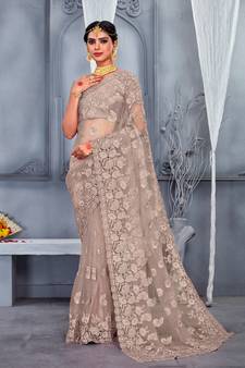 Beige Embroidered Net Saree With Blouse