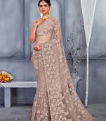 Beige Embroidered Net Saree With Blouse