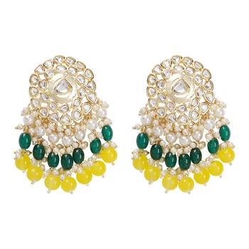 Gold Plated Kundan with Colorful Yellow Green Tumbles Drop Earrings 3